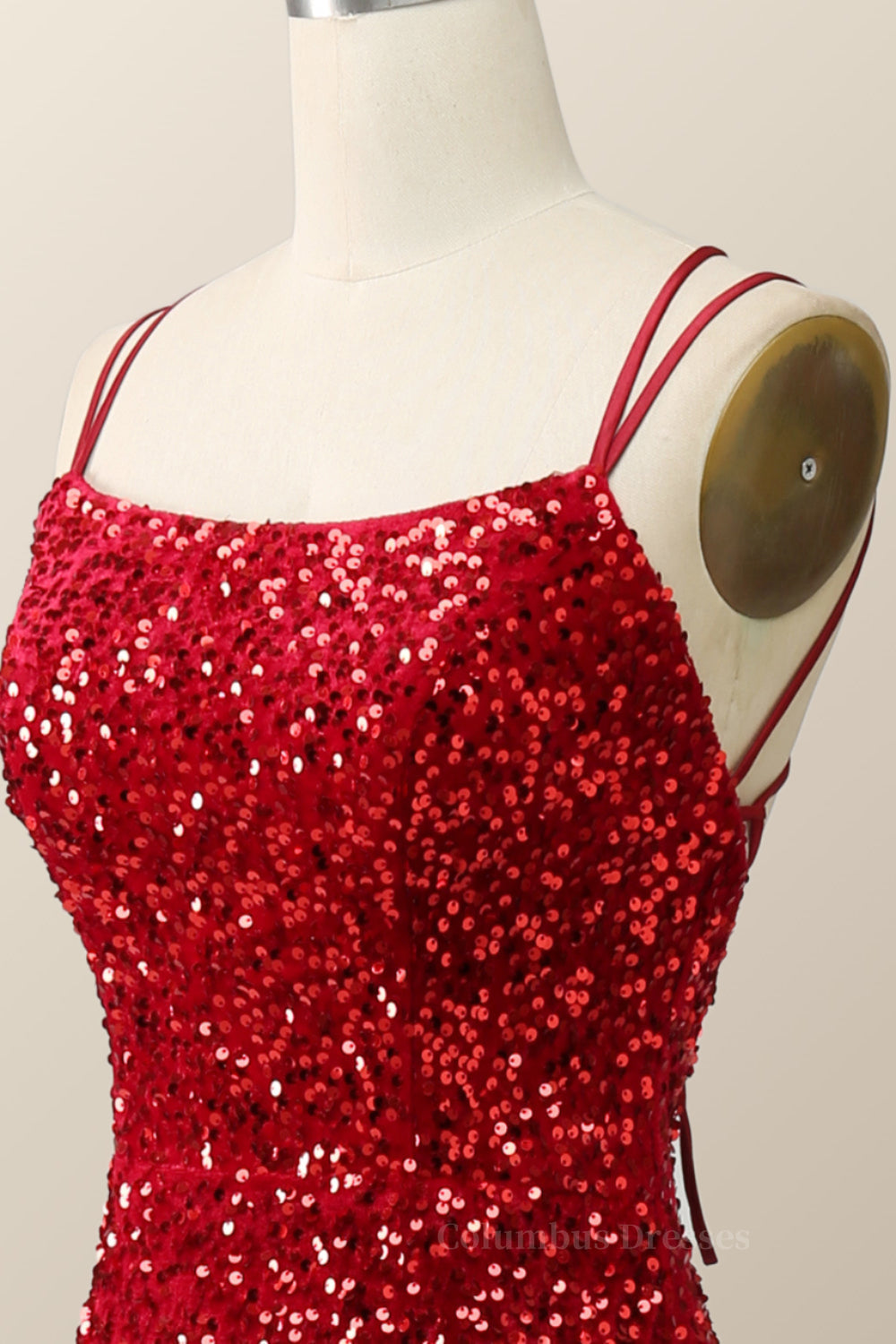 Prom Dresses Tight Fitting, Double Straps Red Sequin Mermaid Long Prom Dress