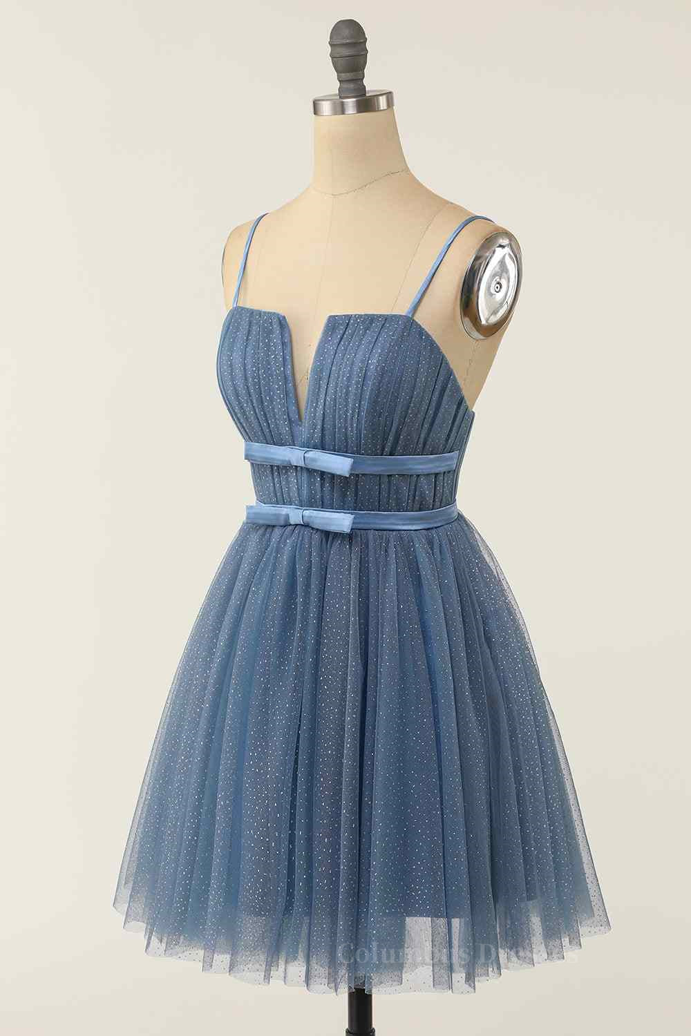 Dusty Blue A-line V Neck Pleated Double Bow Tie Sash Mini Homecoming Dress Secondary image