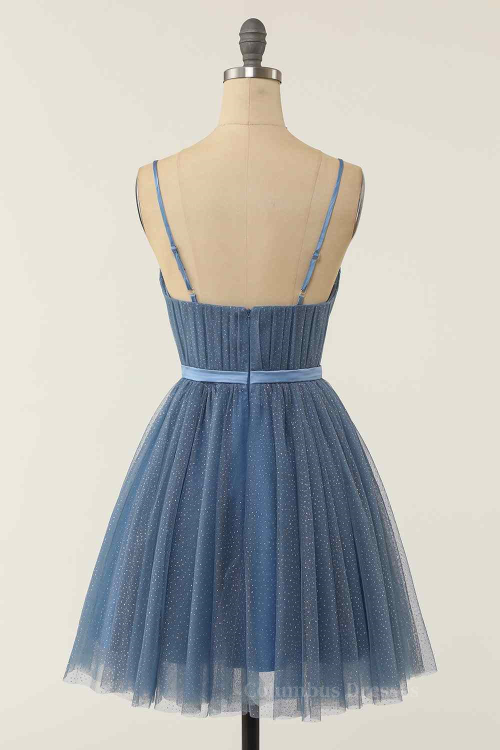 Wedding Pictures, Dusty Blue A-line V Neck Pleated Double Bow Tie Sash Mini Homecoming Dress Main image