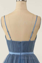 Bridesmaid Dresses Chicago, Dusty Blue A-line V Neck Pleated Double Bow Tie Sash Mini Homecoming Dress