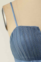Party Dress Outfits, Dusty Blue A-line V Neck Pleated Double Bow Tie Sash Mini Homecoming Dress
