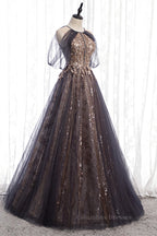 Prom Dress Fitted, Dusty Brown Bow Tie Beaded Appliques Off-the-Shoulder Maxi Formal Dress