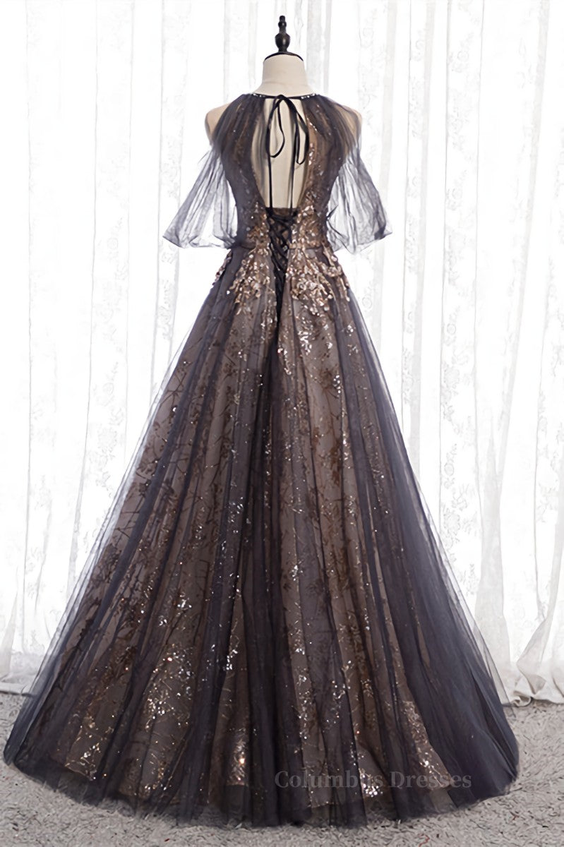 Prom Dresses Fitting, Dusty Brown Bow Tie Beaded Appliques Off-the-Shoulder Maxi Formal Dress Main image