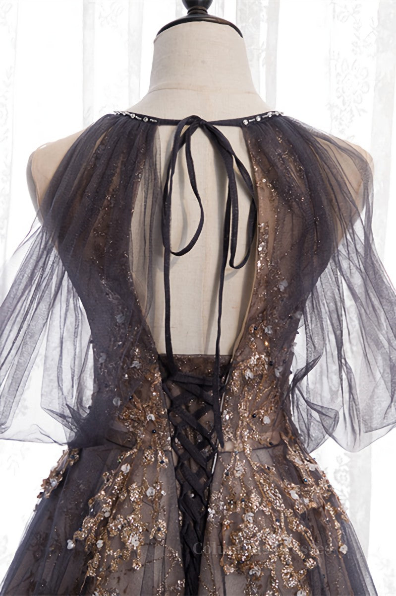 Prom Dresses Long Formal Evening Gown, Dusty Brown Bow Tie Beaded Appliques Off-the-Shoulder Maxi Formal Dress