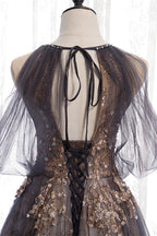 Prom Dresses Long Formal Evening Gown, Dusty Brown Bow Tie Beaded Appliques Off-the-Shoulder Maxi Formal Dress