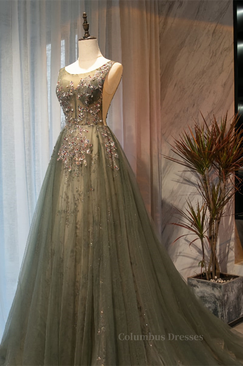 Dusty Green A-line Beaded-Embroidered Illusion Neck Long Formal Dress Secondary image