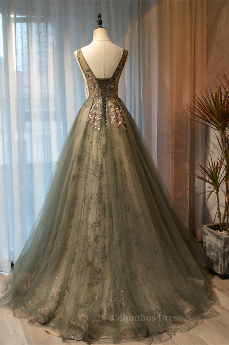 Formal Dress Winter, Dusty Green A-line Beaded-Embroidered Illusion Neck Long Formal Dress Main image
