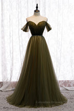 Prom Dress Long Elegent, Dusty Green Off-the-Shoulder Pleated Maxi Formal Dress with Beaded Sash
