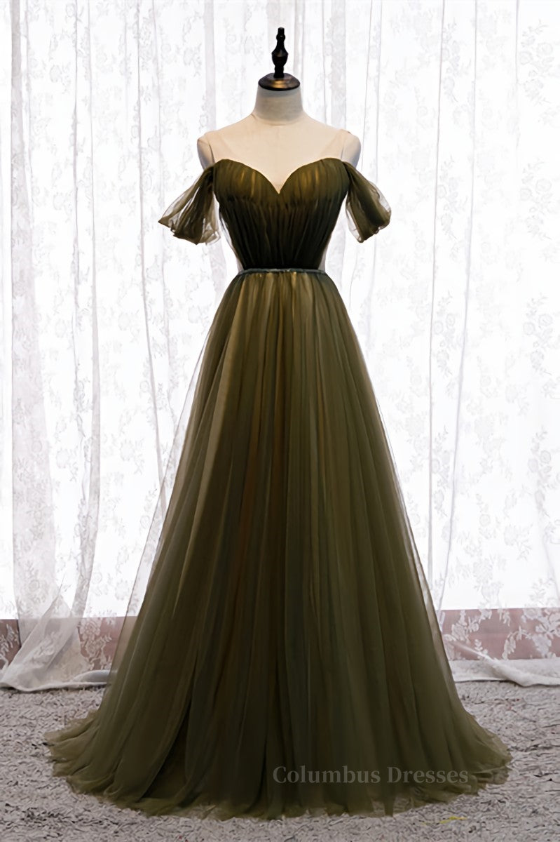 Prom Dress Long Elegent, Dusty Green Off-the-Shoulder Pleated Maxi Formal Dress with Beaded Sash