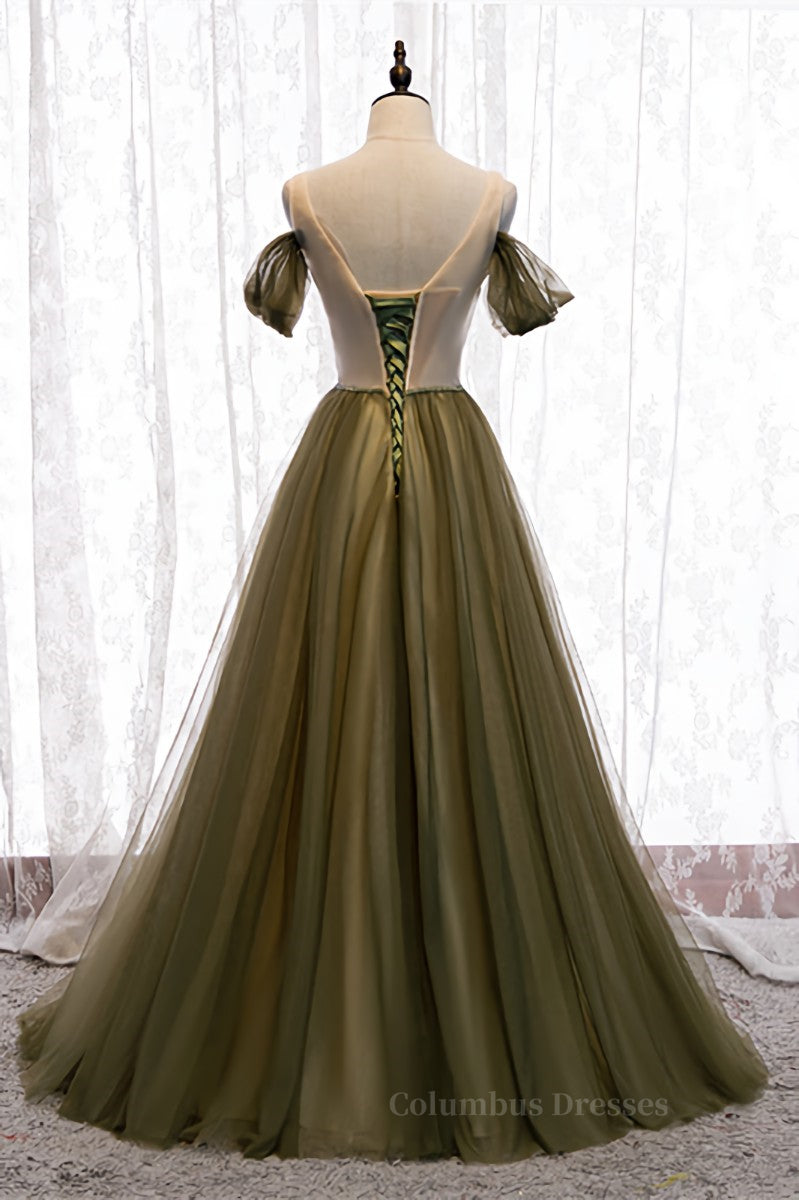 Prom Dresses Silk, Dusty Green Off-the-Shoulder Pleated Maxi Formal Dress with Beaded Sash Main image