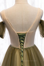 Prom Dresses Piece, Dusty Green Off-the-Shoulder Pleated Maxi Formal Dress with Beaded Sash