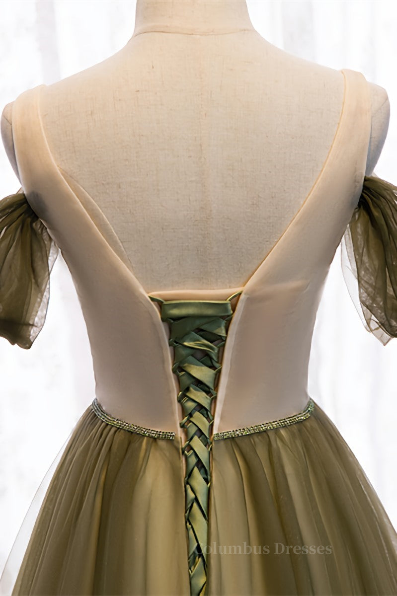 Prom Dresses Piece, Dusty Green Off-the-Shoulder Pleated Maxi Formal Dress with Beaded Sash