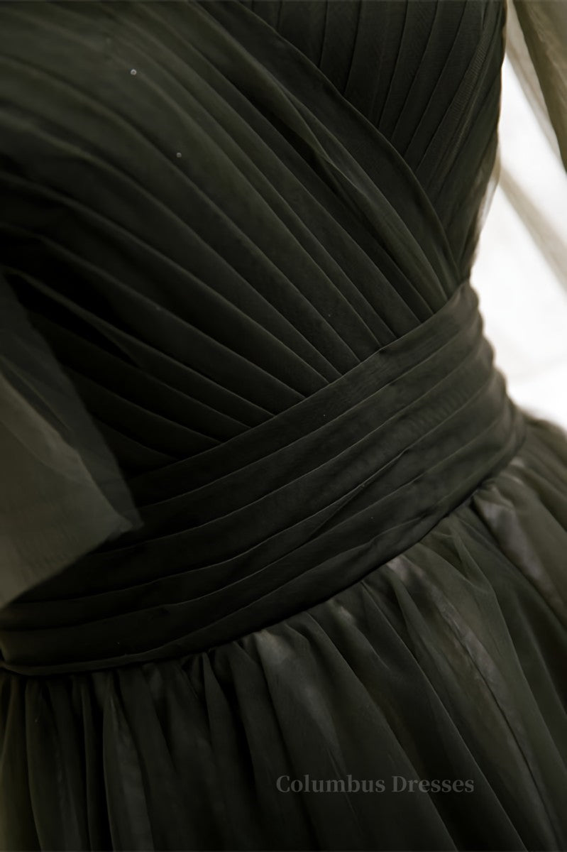 Prom Dresses Spring, Dusty Green Off-the-Shoulder Straps Pleated Ruffle Maxi Formal Dress