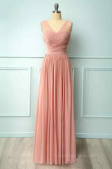 Bridesmaids Dresses Blush, Dusty Pink A-line Illusion Lace Neck Pleated Chiffon Long Bridesmaid Dress