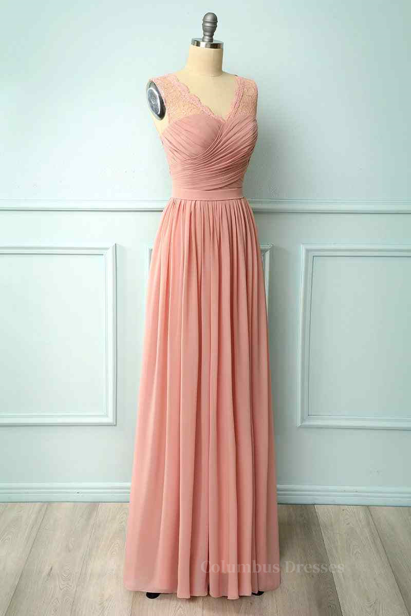 Dusty Pink A-line Illusion Lace Neck Pleated Chiffon Long Bridesmaid Dress Secondary image