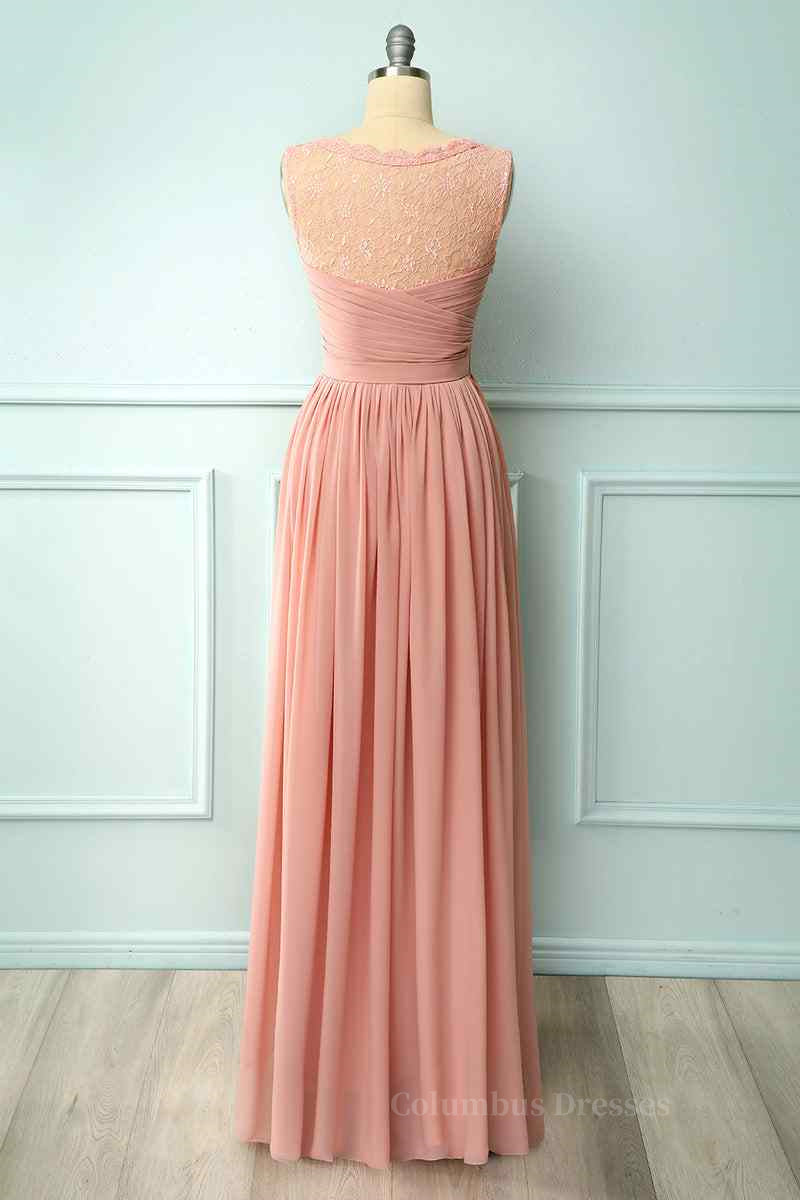Bridesmaids Dresses Champagne, Dusty Pink A-line Illusion Lace Neck Pleated Chiffon Long Bridesmaid Dress Main image