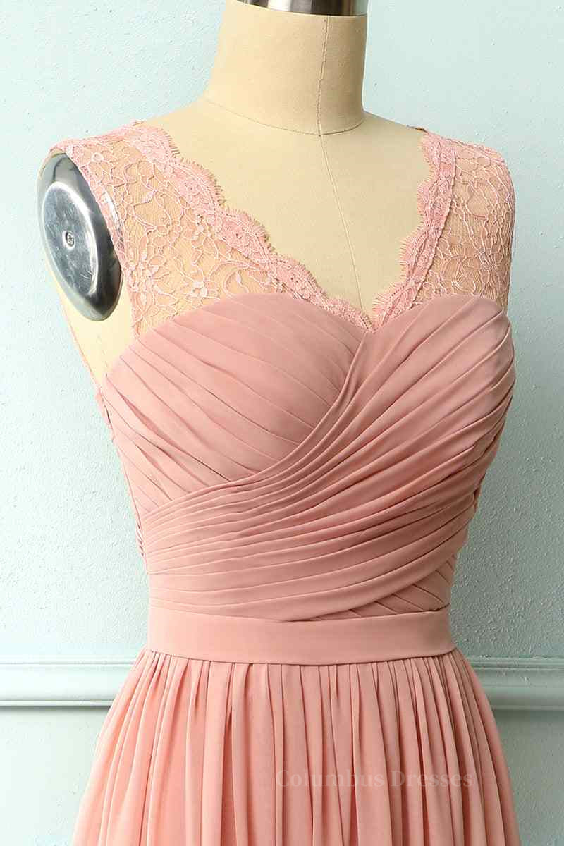 Bridesmaid Dress Champagne, Dusty Pink A-line Illusion Lace Neck Pleated Chiffon Long Bridesmaid Dress