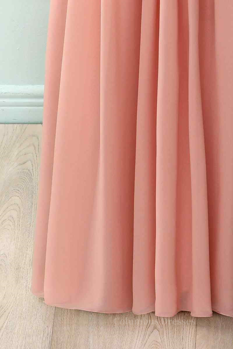 Bridesmaid Dresses Dark, Dusty Pink A-line Illusion Lace Neck Pleated Chiffon Long Bridesmaid Dress