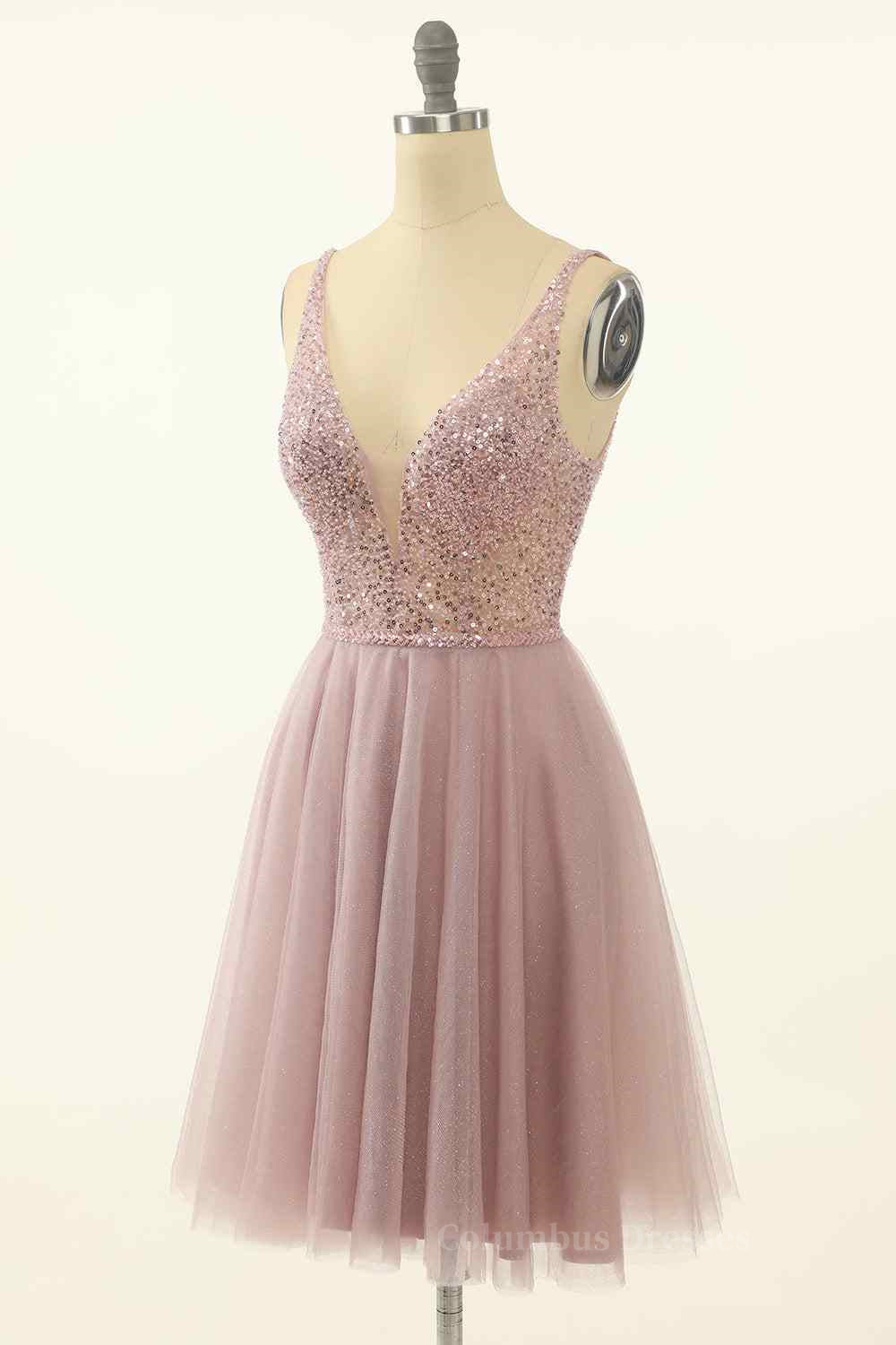 Dusty Pink A-line V Neck Sequins Tulle Mini Homecoming Dress Secondary image