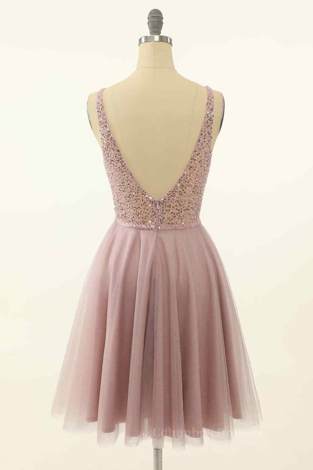 Party Dress High Neck, Dusty Pink A-line V Neck Sequins Tulle Mini Homecoming Dress Main image