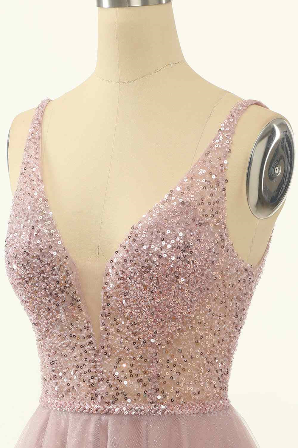 Party Outfit Night, Dusty Pink A-line V Neck Sequins Tulle Mini Homecoming Dress