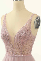 Party Outfit Night, Dusty Pink A-line V Neck Sequins Tulle Mini Homecoming Dress