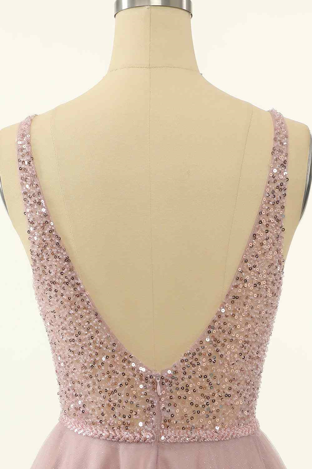 Formal Attire, Dusty Pink A-line V Neck Sequins Tulle Mini Homecoming Dress