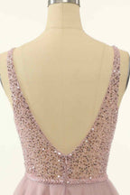 Formal Attire, Dusty Pink A-line V Neck Sequins Tulle Mini Homecoming Dress