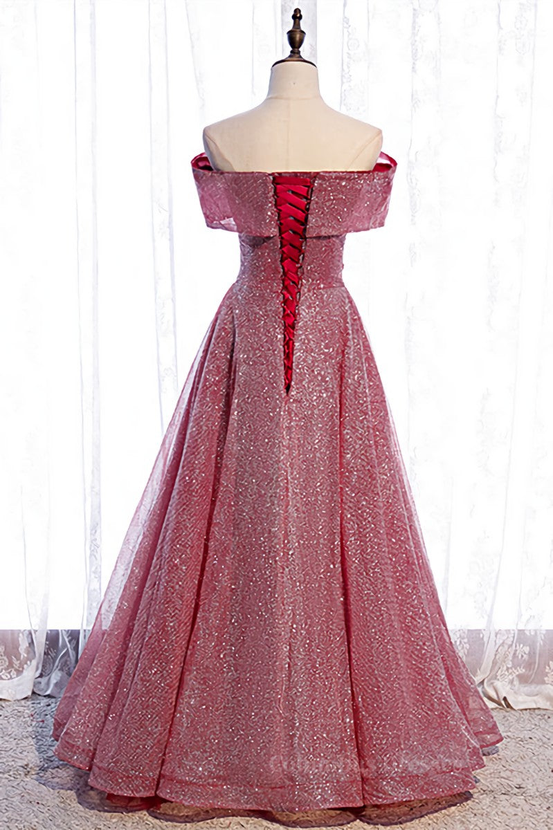 Formal Dress Modest, Dusty Pink Off-the-Shoulder Applique Beaded Long Formal Dress Main image