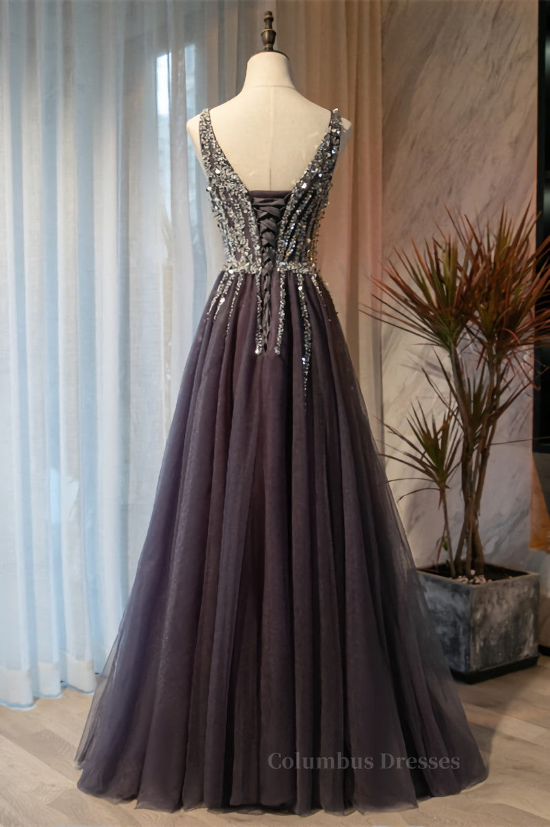 Formal Dress For Teen, Dusty Purple A-line Sequins-Embroidered Long Formal Dress Main image