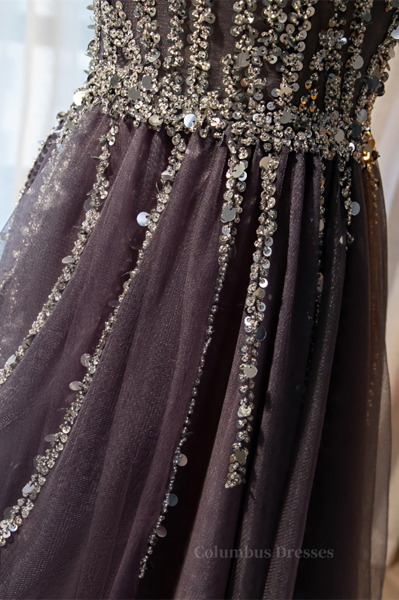 Formal Dress For Teens, Dusty Purple A-line Sequins-Embroidered Long Formal Dress
