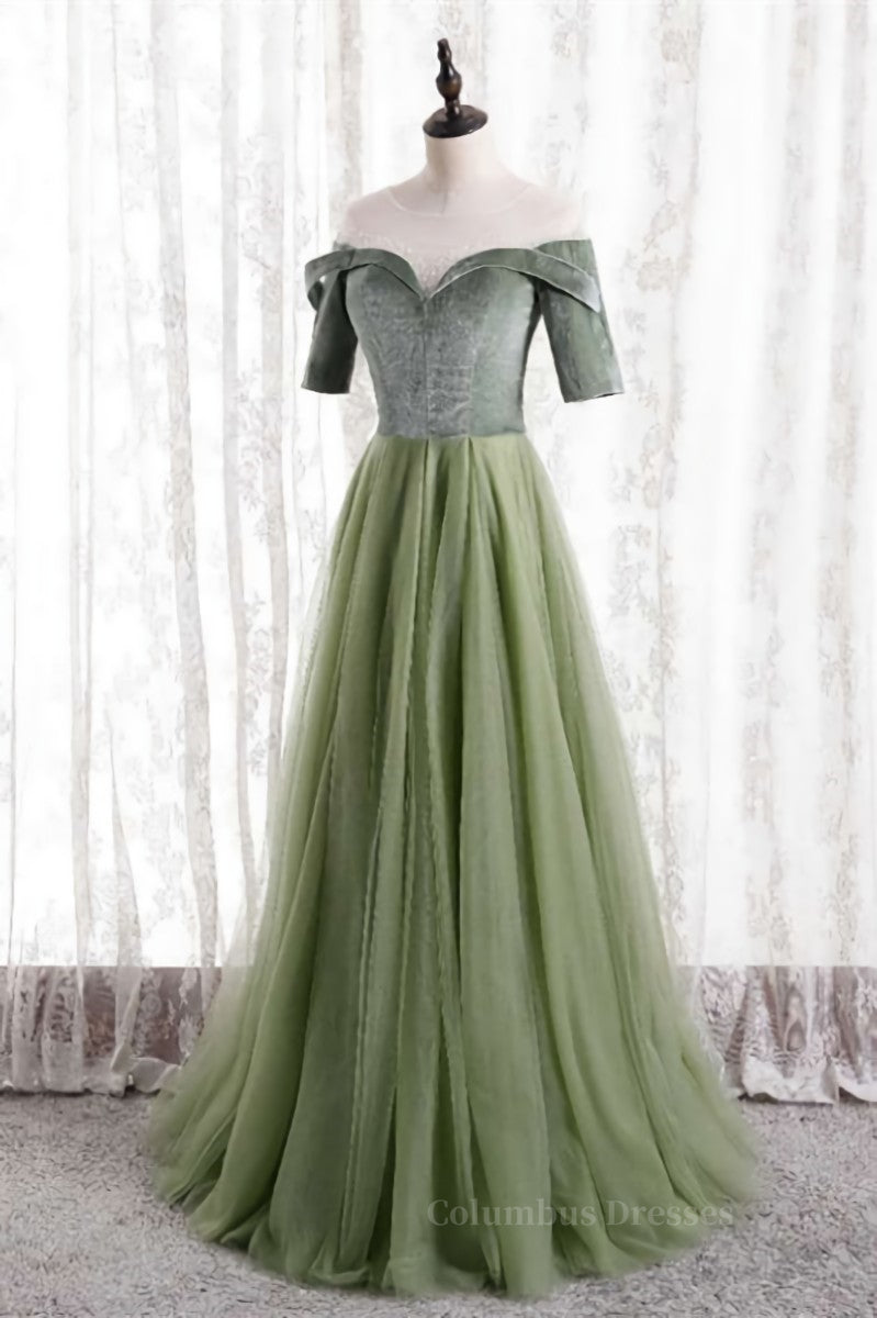 Formal Dress To Attend Wedding, Dusty Sage Beaded Illusion Neck Off-the-Shoulder Long Formal Dress with Sleeves