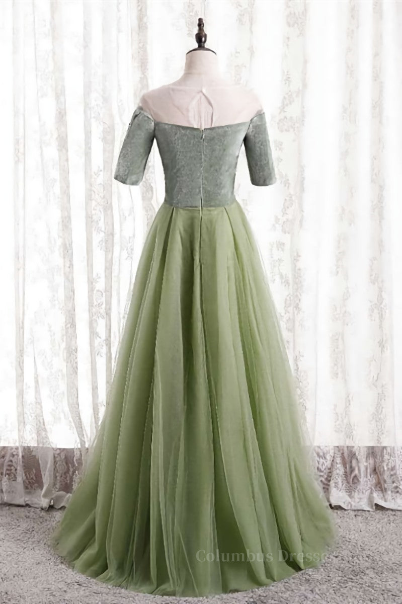 Formal Dresses Wedding Guest, Dusty Sage Beaded Illusion Neck Off-the-Shoulder Long Formal Dress with Sleeves Main image