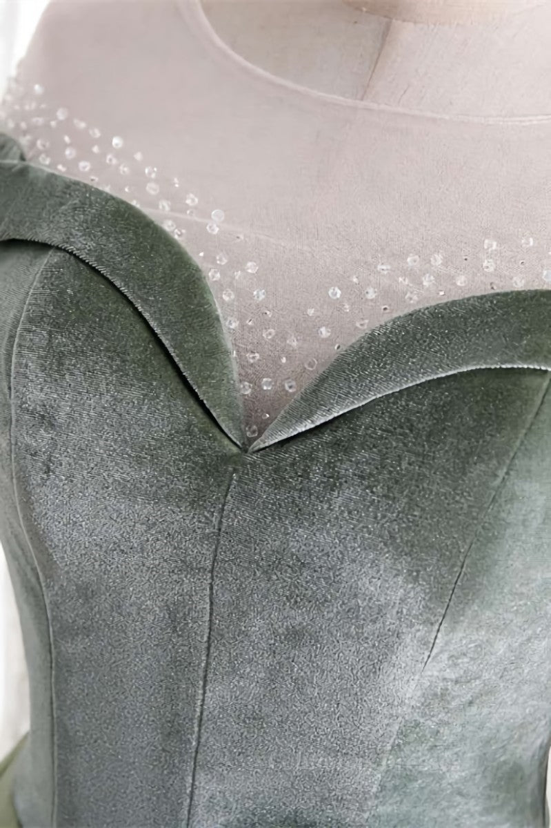 Formal Dresses For Large Ladies, Dusty Sage Beaded Illusion Neck Off-the-Shoulder Long Formal Dress with Sleeves