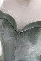 Formal Dresses For Large Ladies, Dusty Sage Beaded Illusion Neck Off-the-Shoulder Long Formal Dress with Sleeves