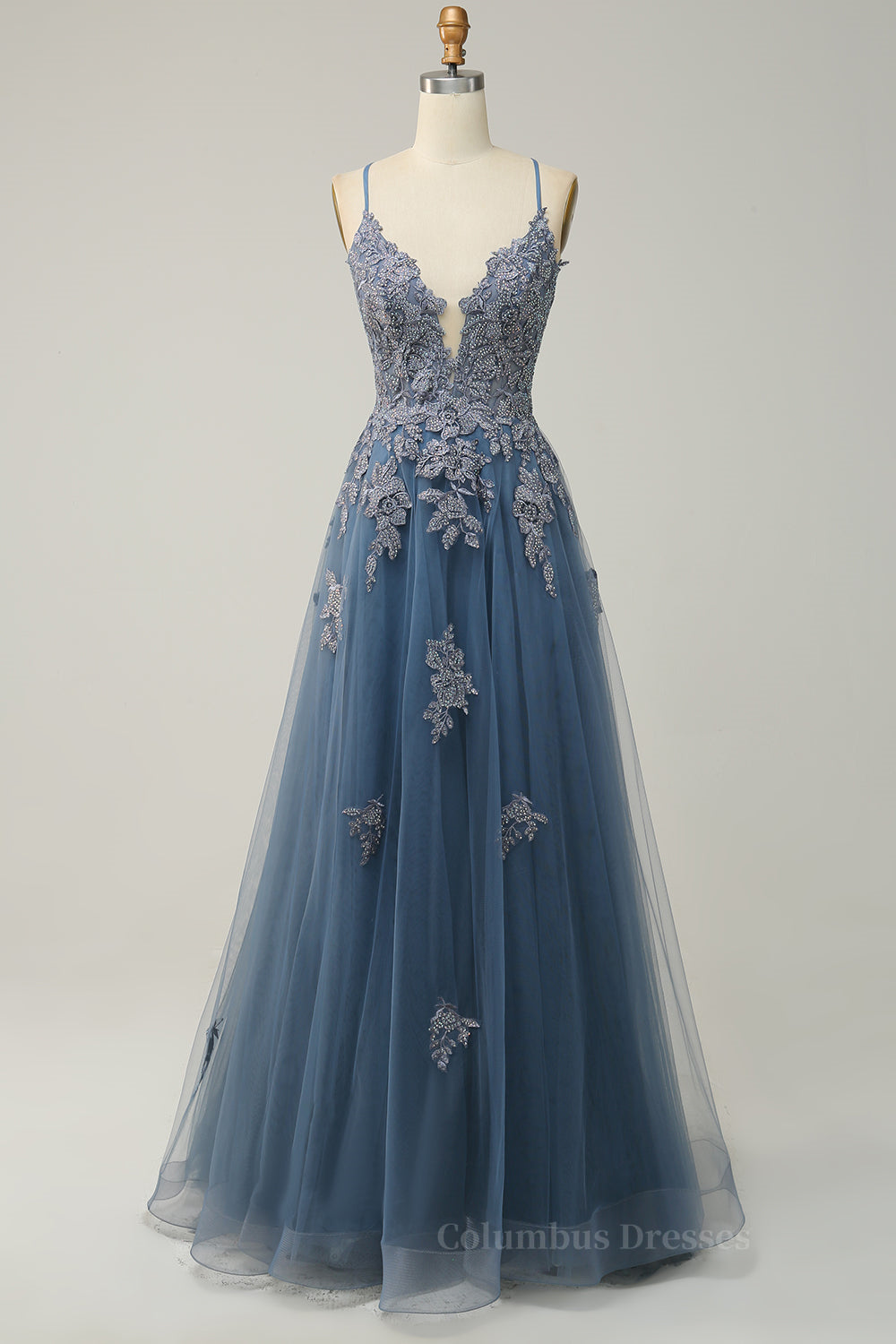 Bridesmaids Dress Short, Dusty Sage Plunging V Neck Appliques Lace-Up A-line Long Prom Dress