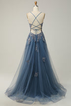 Bridesmaid Dress With Sleeve, Dusty Sage Plunging V Neck Appliques Lace-Up A-line Long Prom Dress