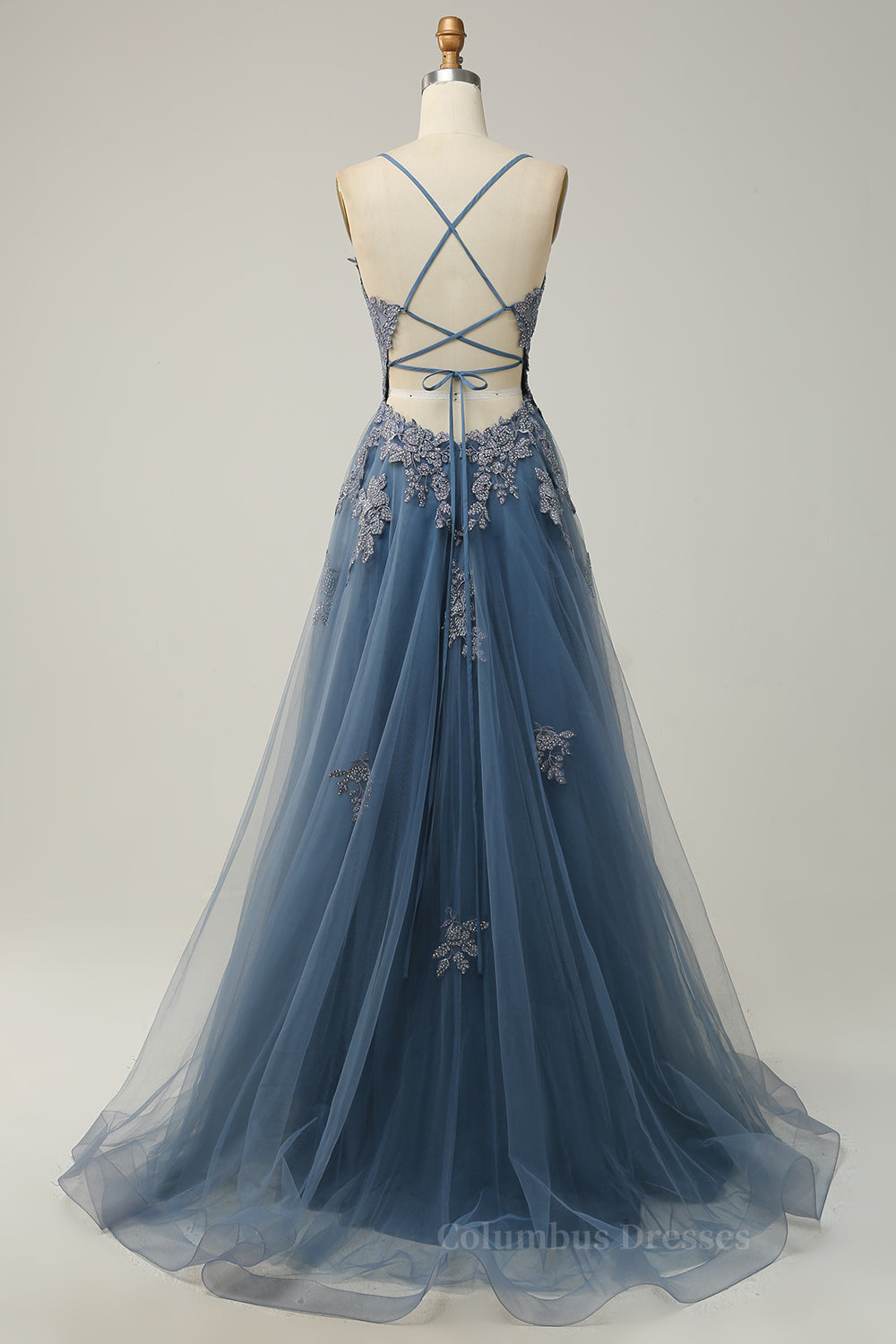 Bridesmaid Dress With Sleeve, Dusty Sage Plunging V Neck Appliques Lace-Up A-line Long Prom Dress