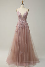 Bridesmaid Dresses With Sleeve, Dusty Sage Plunging V Neck Appliques Lace-Up A-line Long Prom Dress