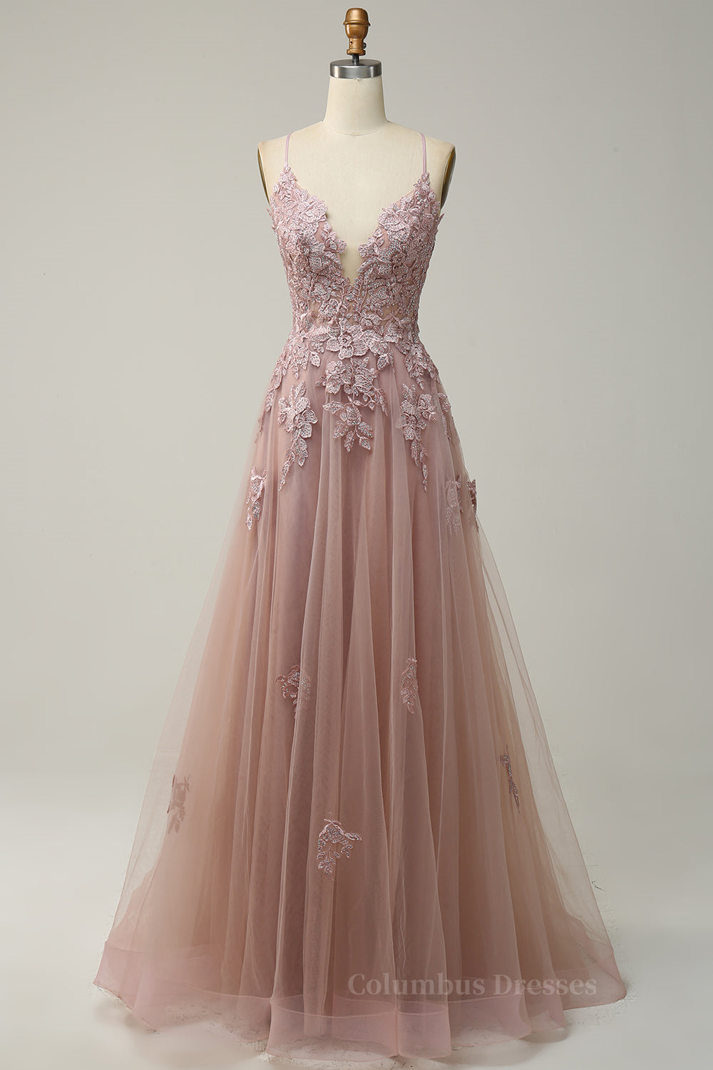 Bridesmaid Dresses With Sleeve, Dusty Sage Plunging V Neck Appliques Lace-Up A-line Long Prom Dress