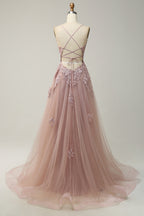 Bridesmaids Dress With Sleeves, Dusty Sage Plunging V Neck Appliques Lace-Up A-line Long Prom Dress