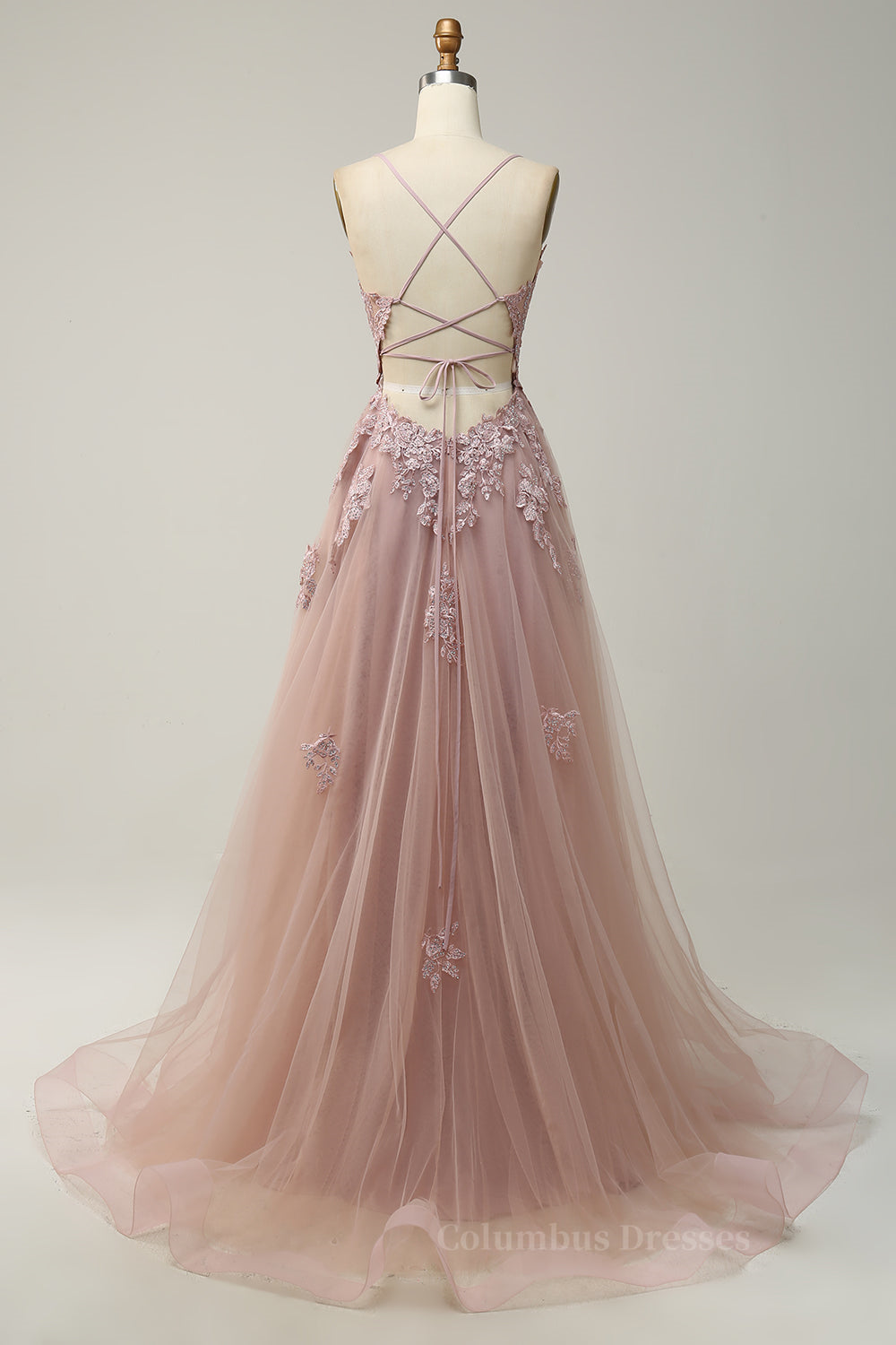 Bridesmaids Dress With Sleeves, Dusty Sage Plunging V Neck Appliques Lace-Up A-line Long Prom Dress