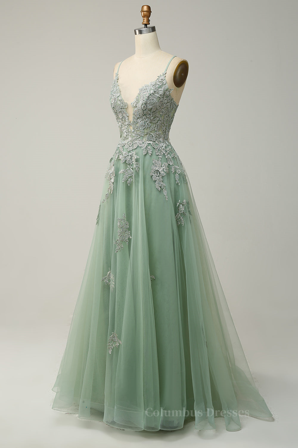 Dusty Sage Plunging V Neck Appliques Lace-Up A-line Long Prom Dress Secondary image