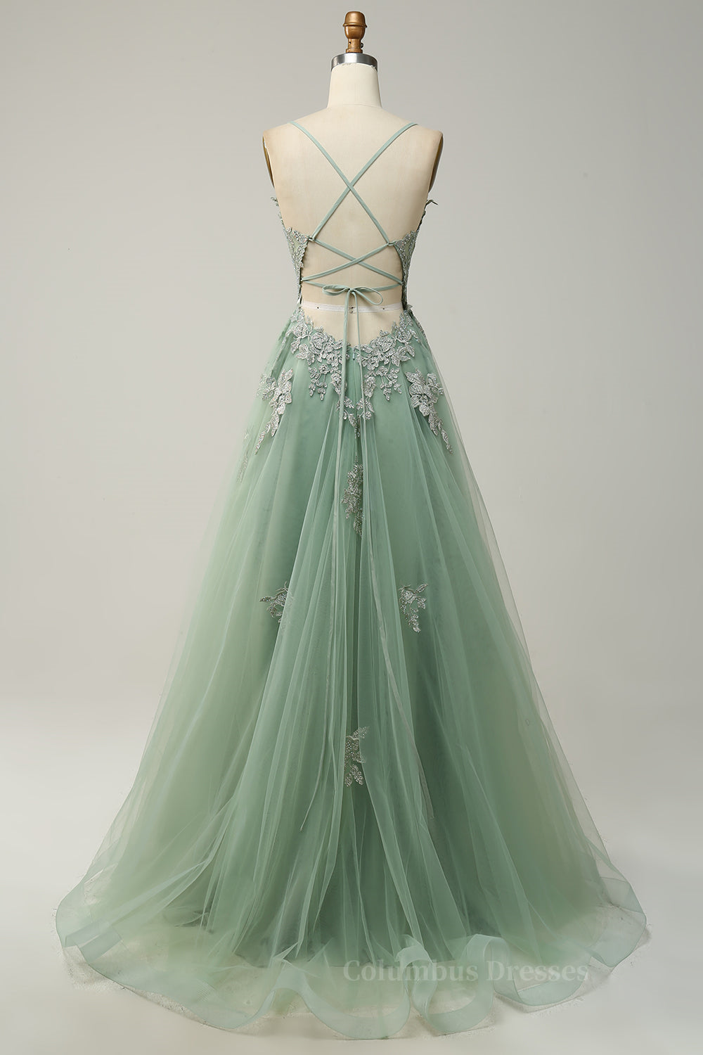 Wedding Ideas, Dusty Sage Plunging V Neck Appliques Lace-Up A-line Long Prom Dress Main image