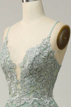 Bridesmaids Dresses Burgundy, Dusty Sage Plunging V Neck Appliques Lace-Up A-line Long Prom Dress