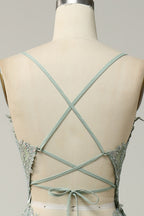 Bridesmaids Dress Burgundy, Dusty Sage Plunging V Neck Appliques Lace-Up A-line Long Prom Dress