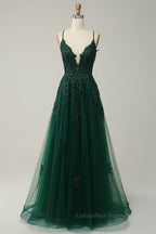 Bridesmaid Dress Burgundy, Dusty Sage Plunging V Neck Appliques Lace-Up A-line Long Prom Dress