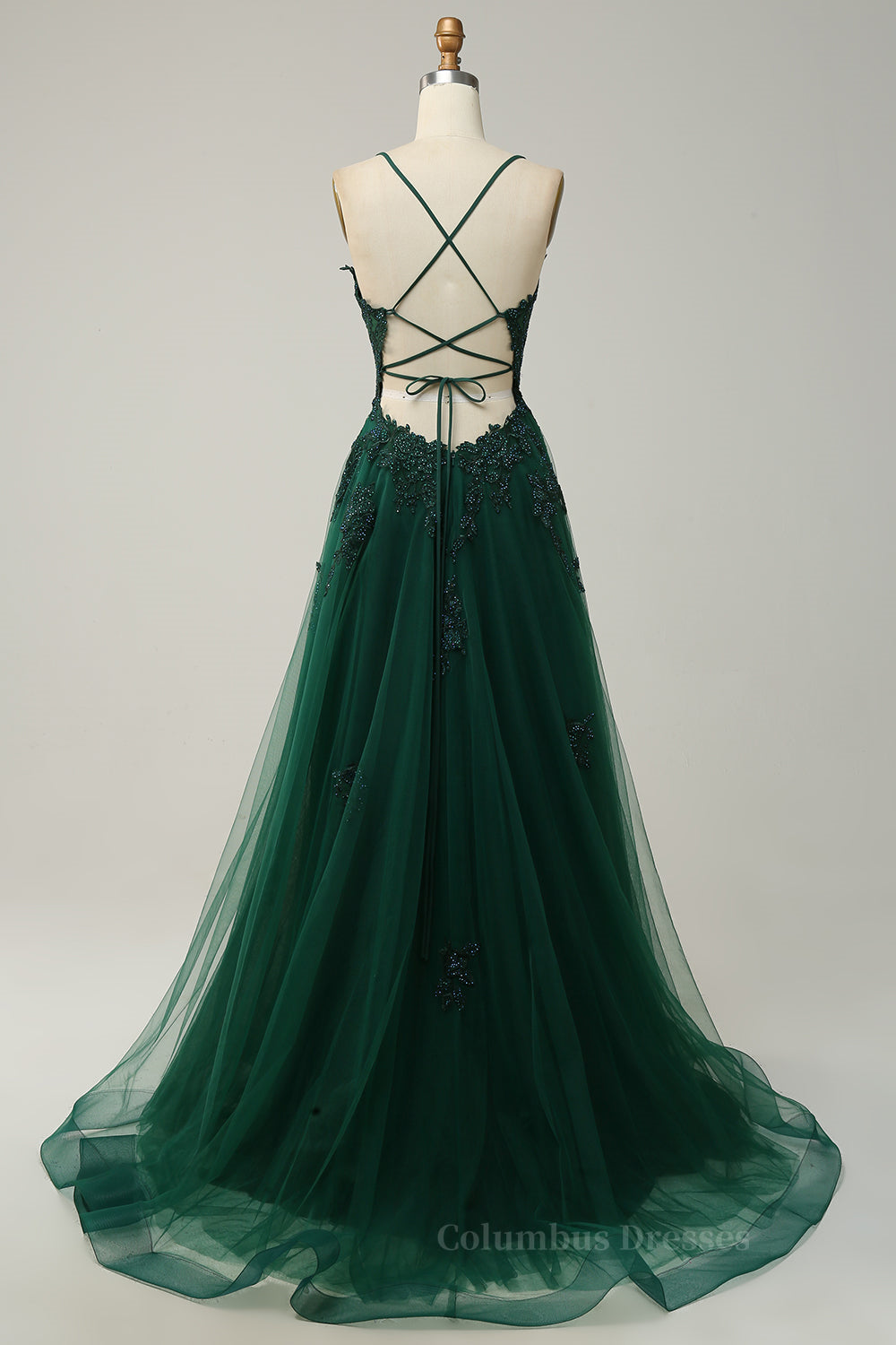 Bridesmaids Dresses Short, Dusty Sage Plunging V Neck Appliques Lace-Up A-line Long Prom Dress