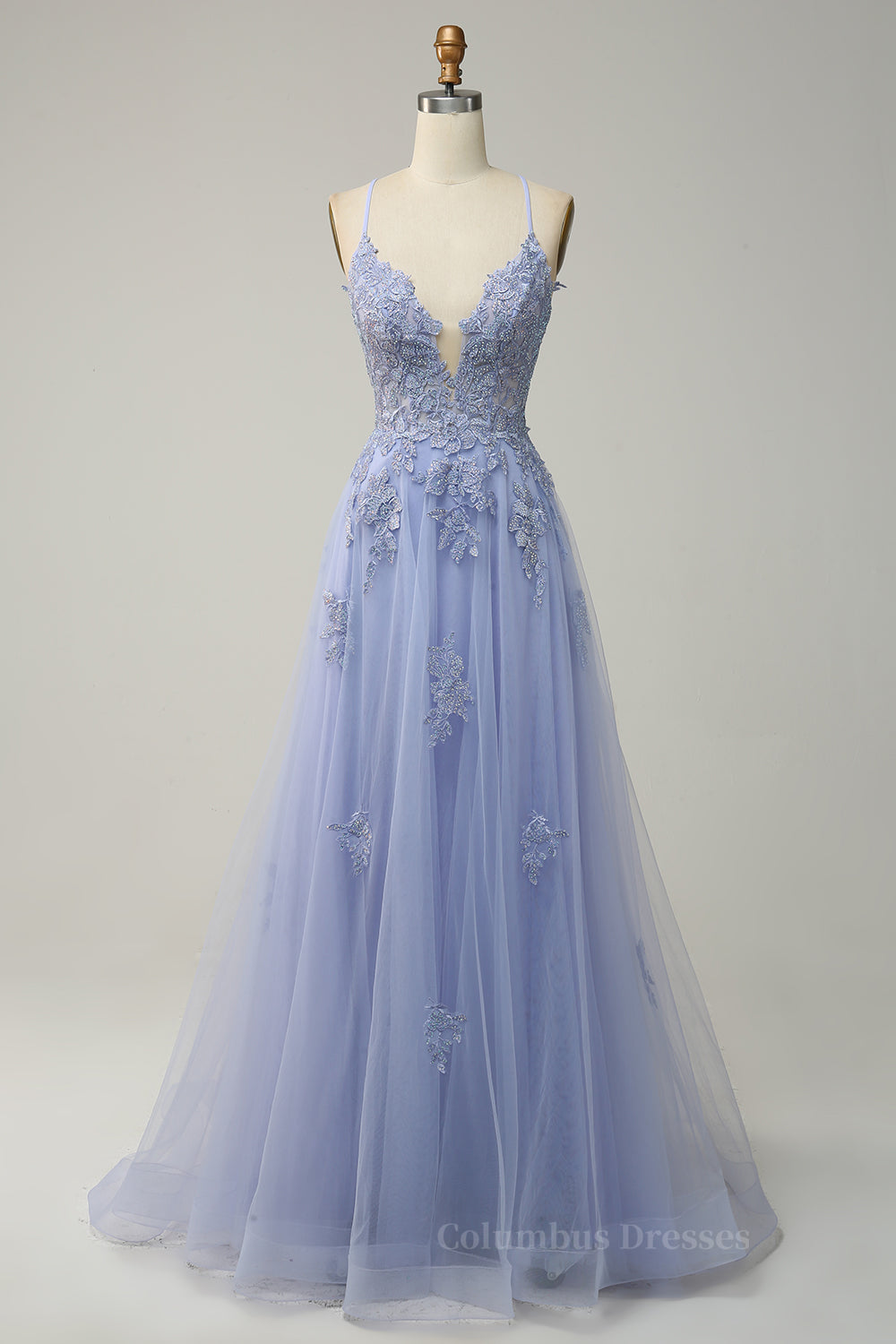 Bridesmaid Dress Short, Dusty Sage Plunging V Neck Appliques Lace-Up A-line Long Prom Dress