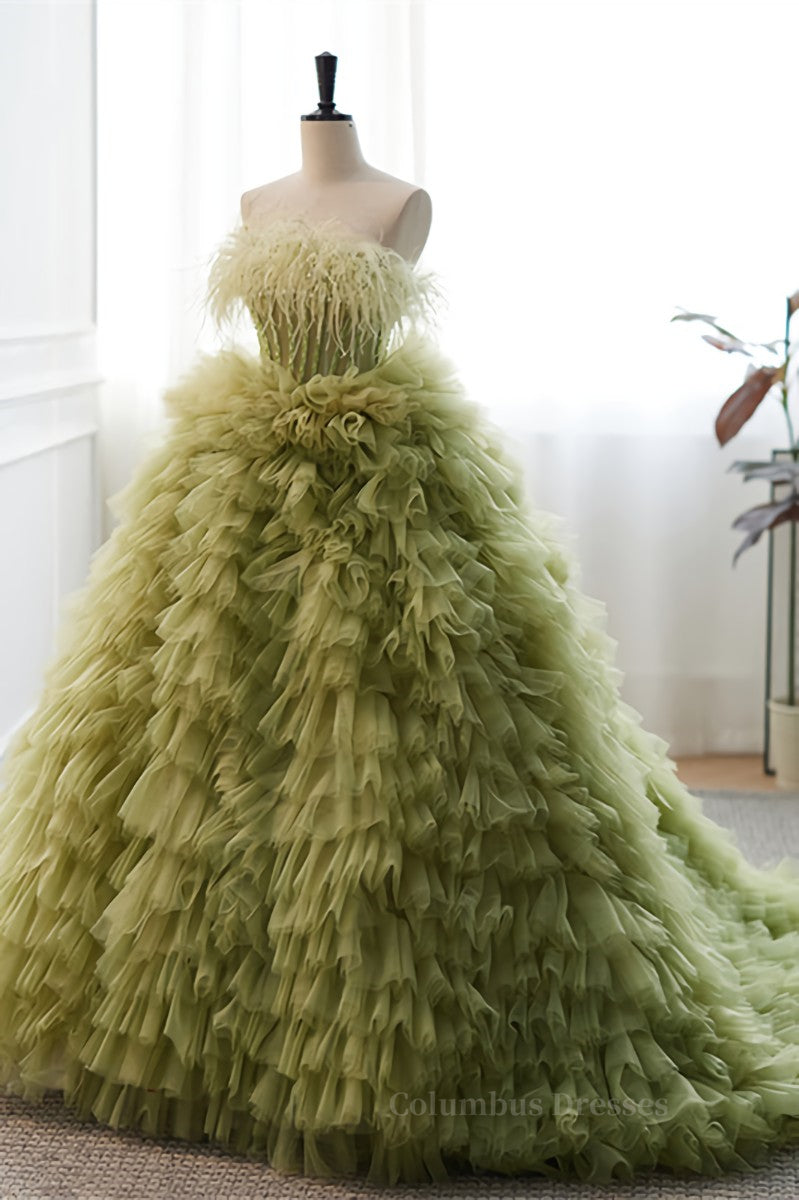 Dusty Sage Strapless A-line Multi-Layers Long Prom Dress with Feathers Secondary image